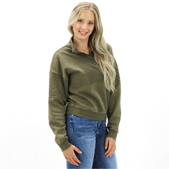 Sage Green Cropped Quarter Zip - Picture 1 of 10
